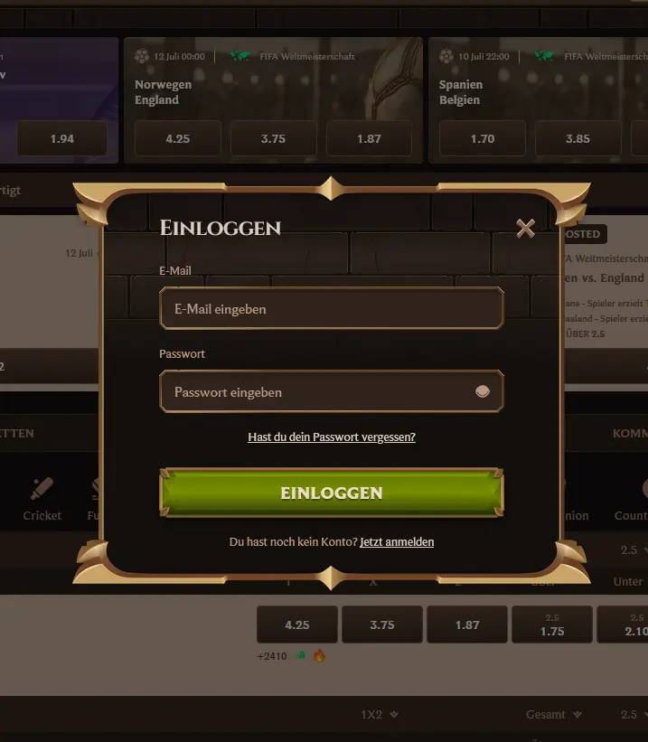 Login-Formular von Lanista Casino