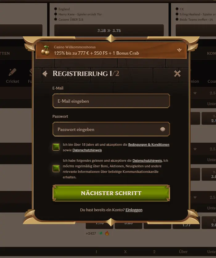 Registrierungsformular von Lanista Casino
